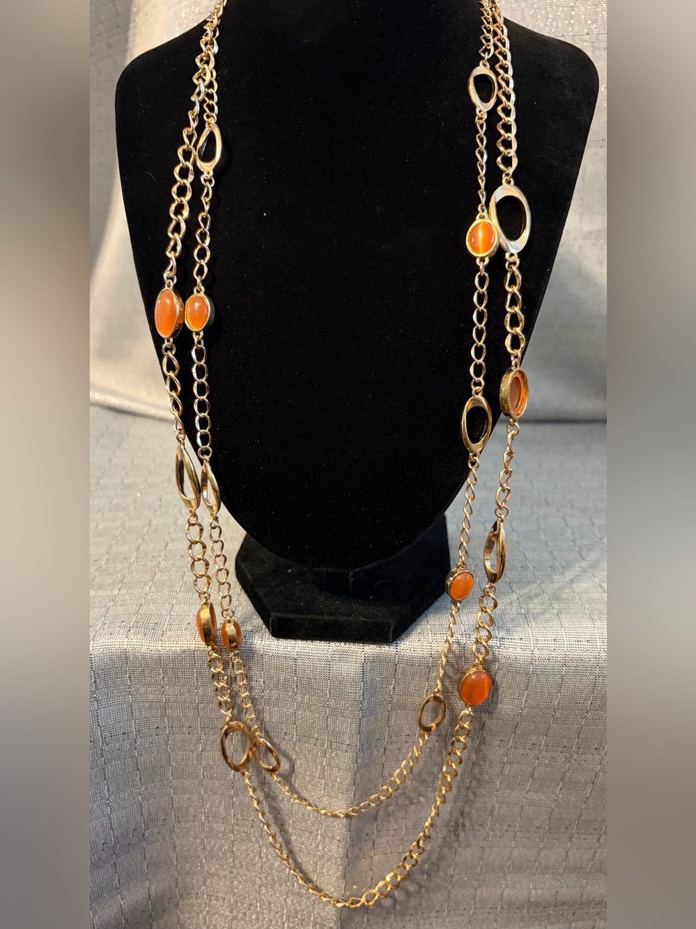 Long Gold Chain Necklace with Orange Cabochon Accents